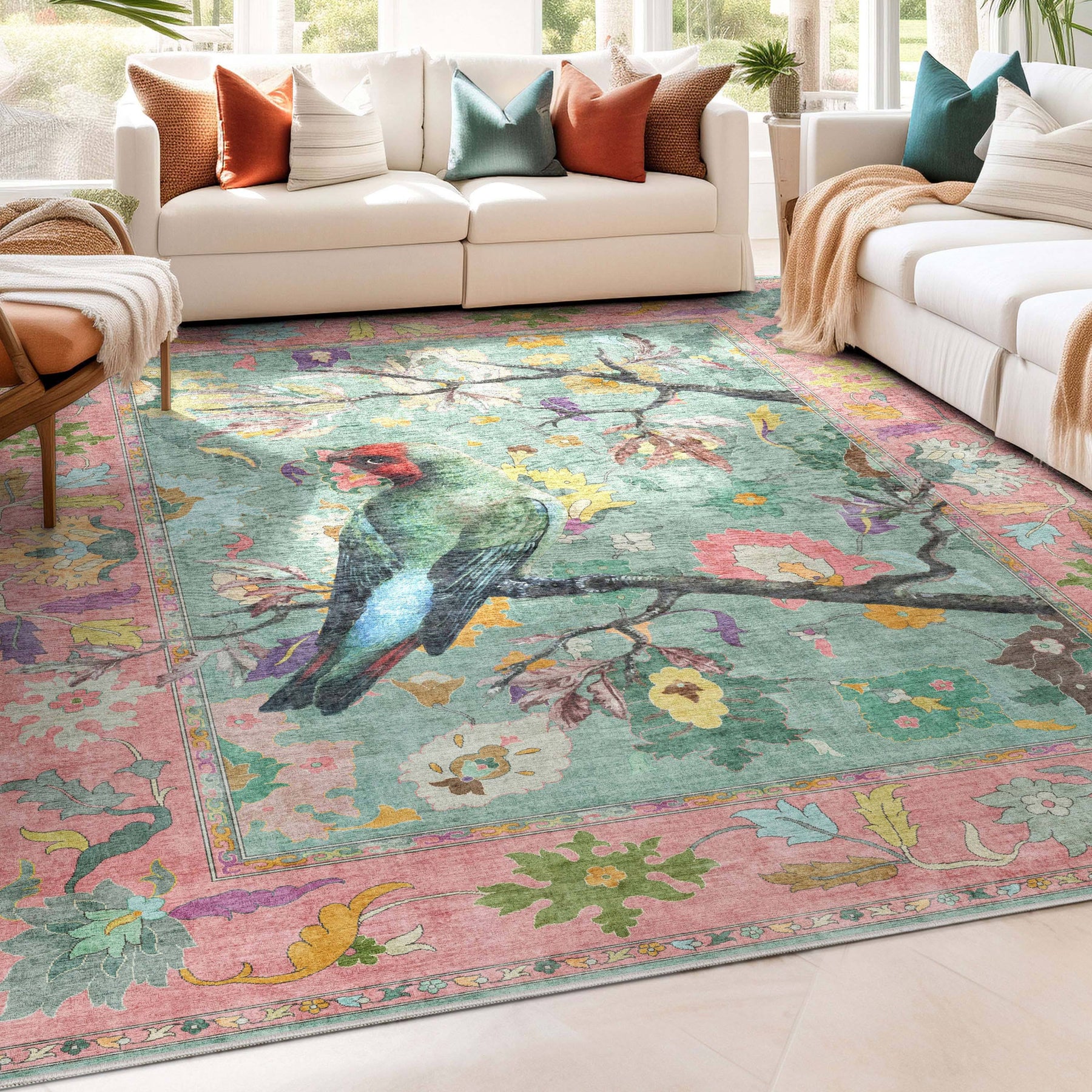 Well Woven Apollo Botanical Floral Flat-Weave Rug for Living Room Dining Room Bedroom Kitchen Birds Green - Product image 1