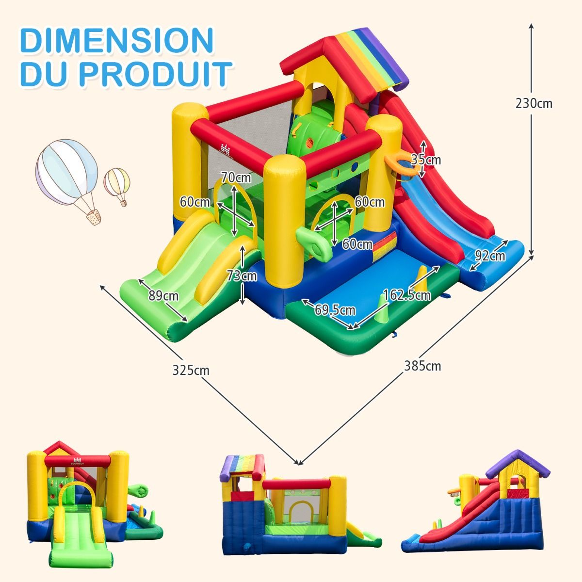 7 in 1 Rainbow Themed Inflatable Castle with Fan Double Slides Ball Pool Basketball Hoop Load 90kg -