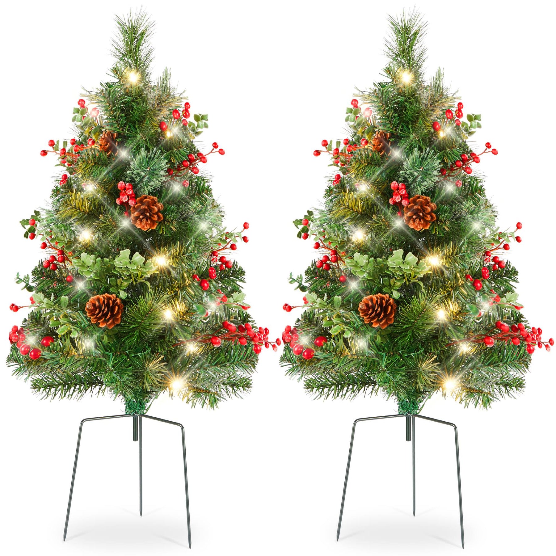 Best Choice Products Set of 2 24.5in Pre-Lit Pathway Christmas Trees Decor w/ LED Lights Berries Pine Cones - Product image 1