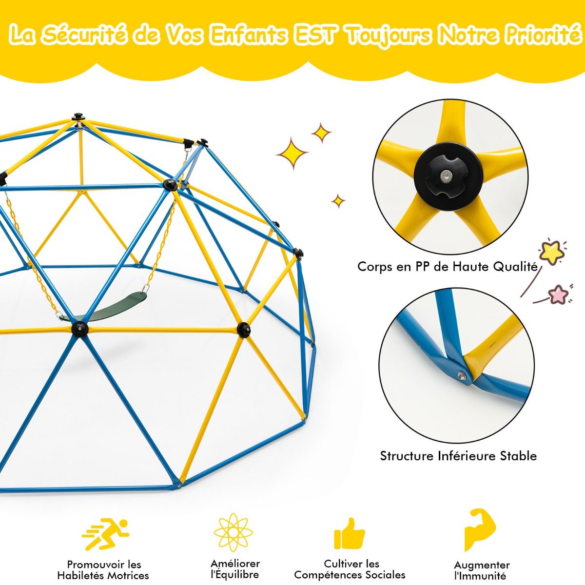 305cm Climbing Dome with Swing Metal Climbing Cage Max Load 363kg Indoor Outdoor for Children 3-10 Years Old Yellow/Red -
