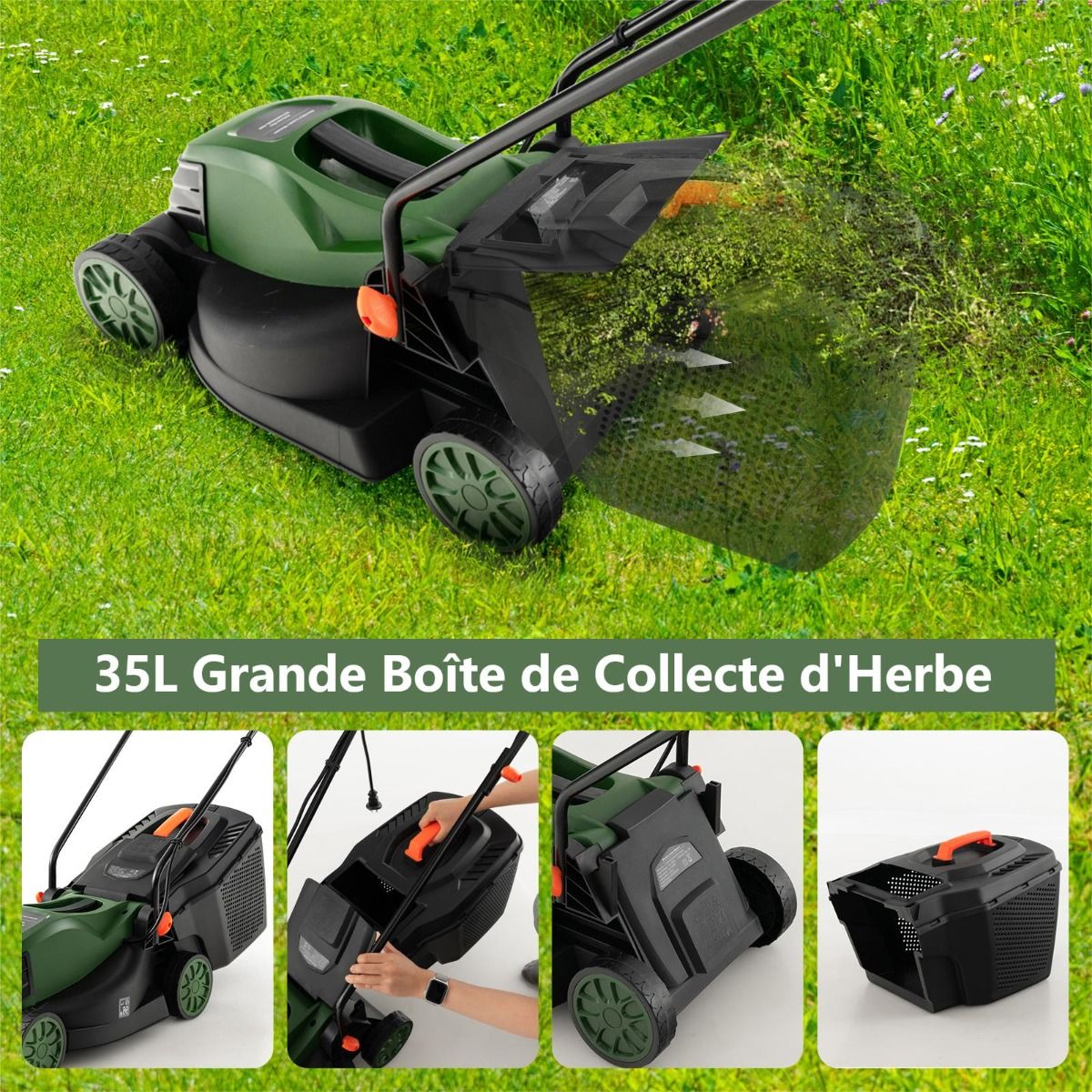 Corded Electric Lawn Mower 1500 W 4015 RPM Collection Box 35 L 3 Adjustable Height 25-65 MM Cutting Width 34 CM Green -