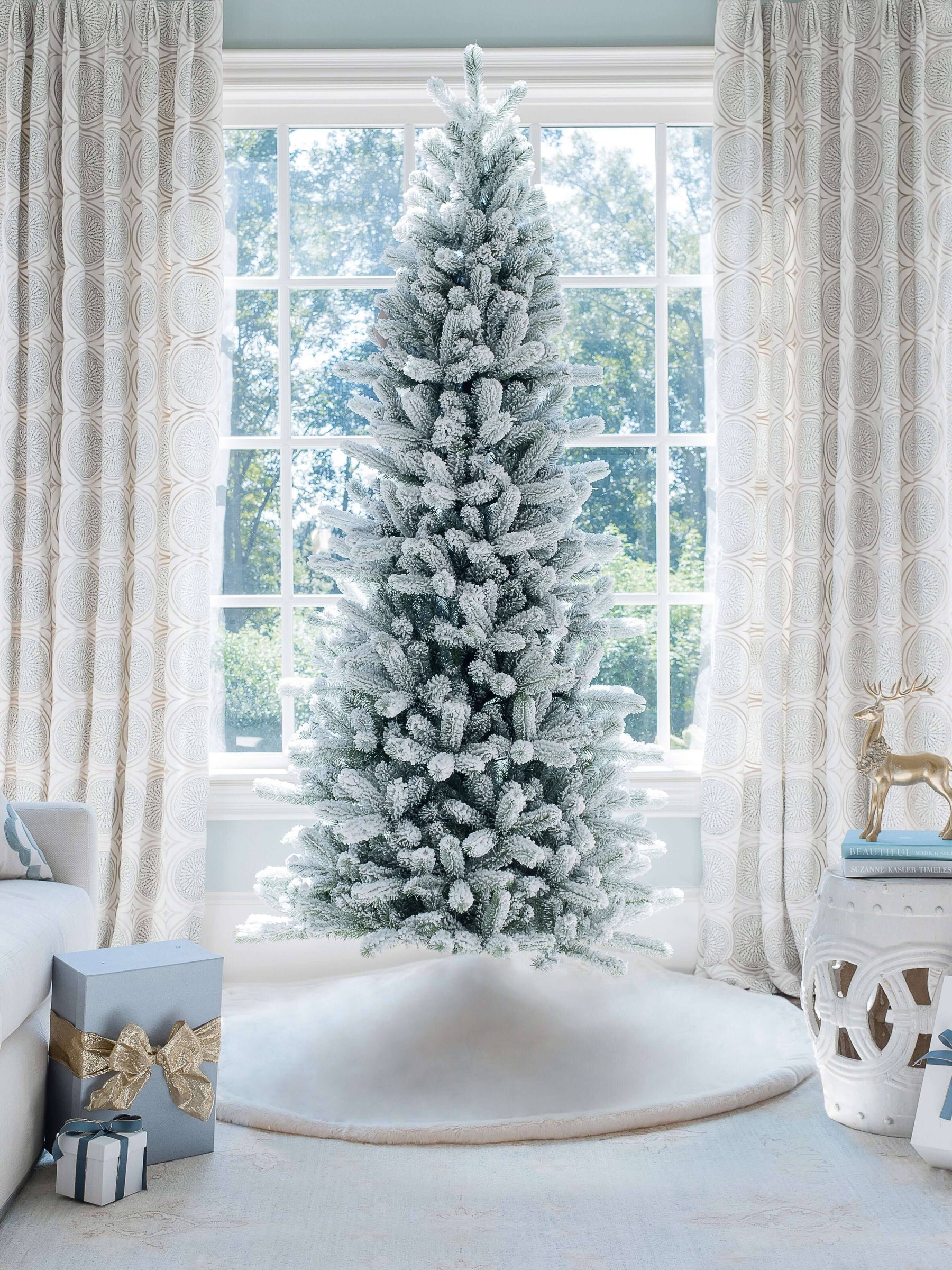 7.5' King Flock Slim Artificial Christmas Tree with 650 Warm White LED Lights - Product image 1