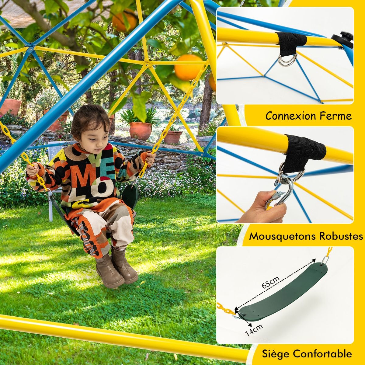 305cm Climbing Dome with Swing Metal Climbing Cage Max Load 363kg Indoor Outdoor for Children 3-10 Years Old Yellow/Red -