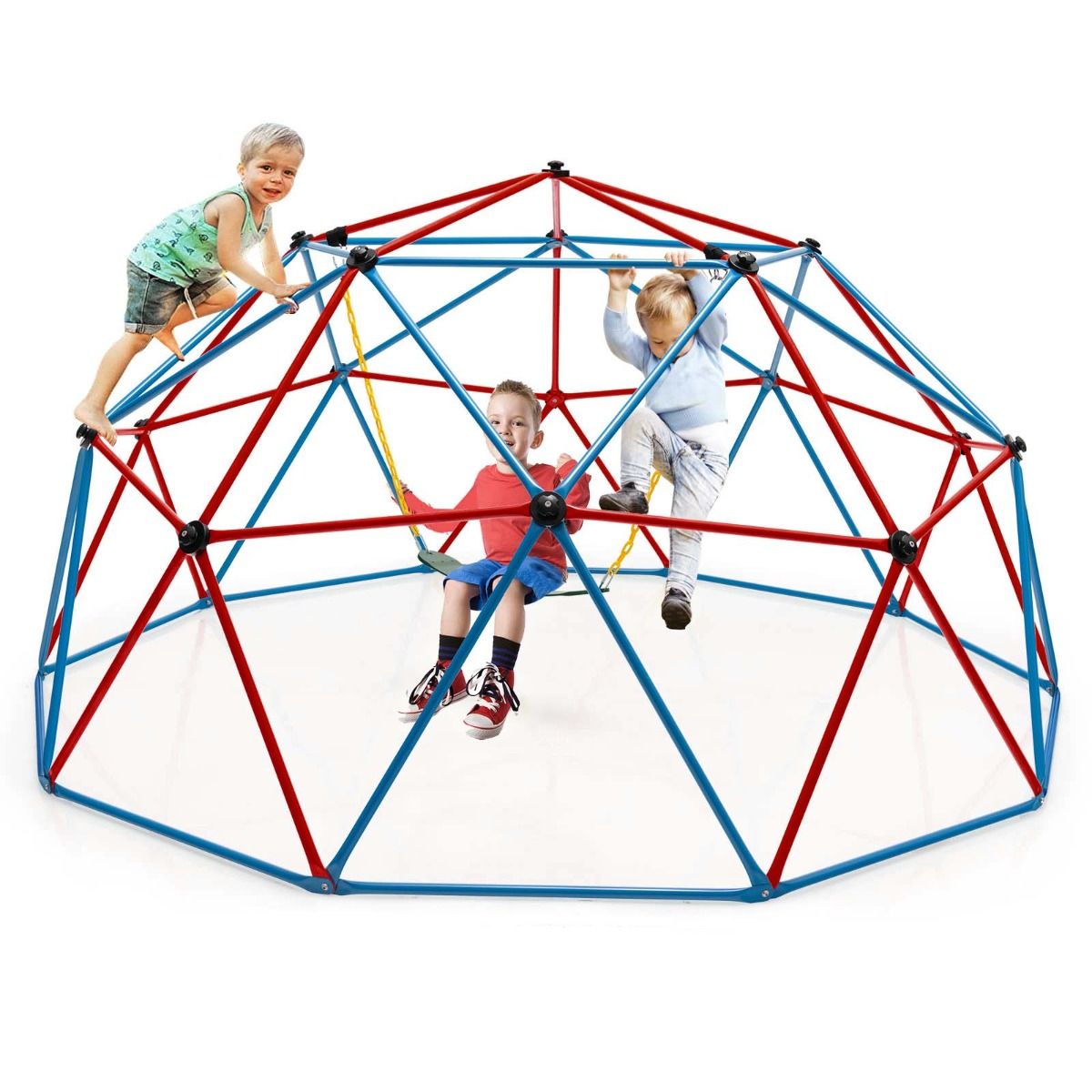 305cm Climbing Dome with Swing Metal Climbing Cage Max Load 363kg Indoor Outdoor for Children 3-10 Years Old Yellow/Red -