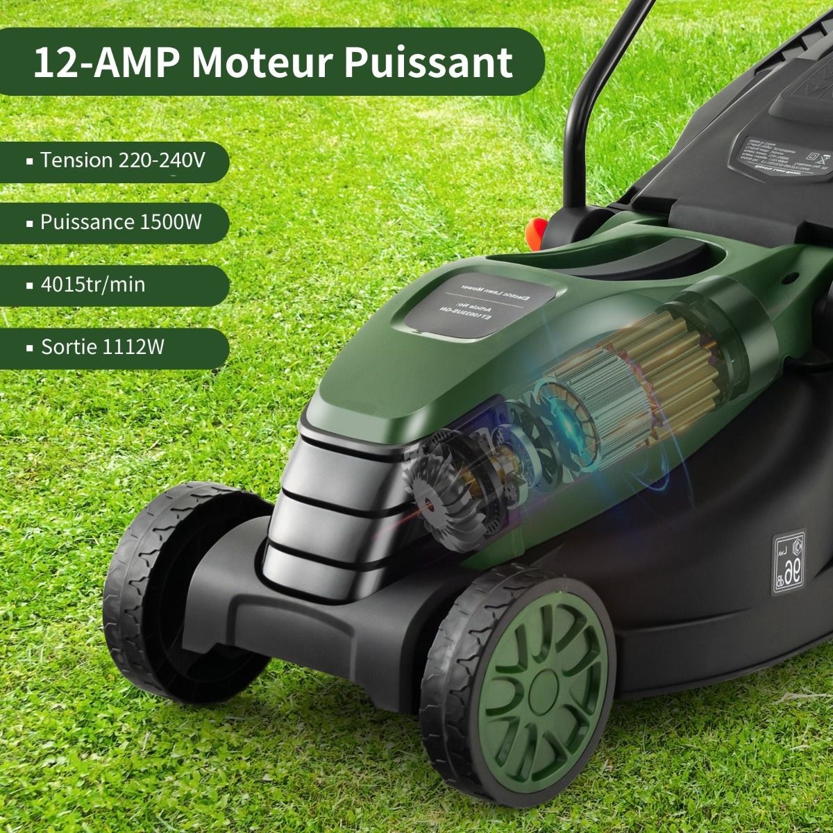 Corded Electric Lawn Mower 1500 W 4015 RPM Collection Box 35 L 3 Adjustable Height 25-65 MM Cutting Width 34 CM Green -