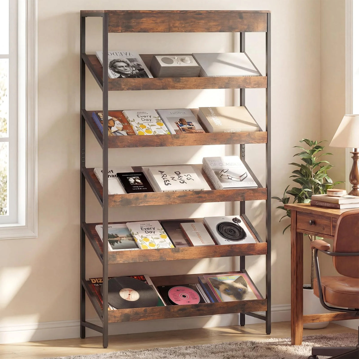 Tangkula 6-Tier Tall Freestanding Bookshelf with Angled Shelves for Home Office - Product image 1
