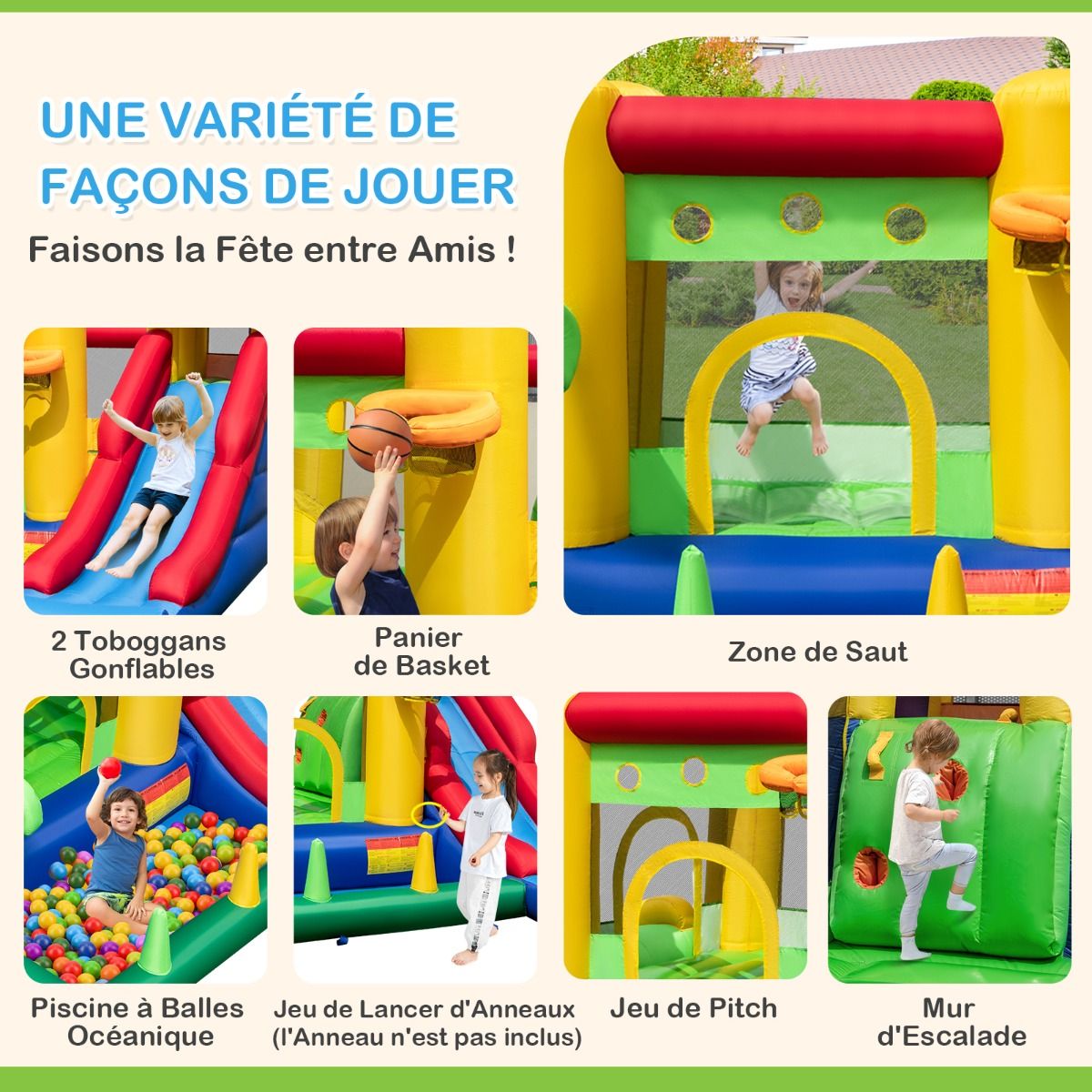 7 in 1 Rainbow Themed Inflatable Castle with Fan Double Slides Ball Pool Basketball Hoop Load 90kg -