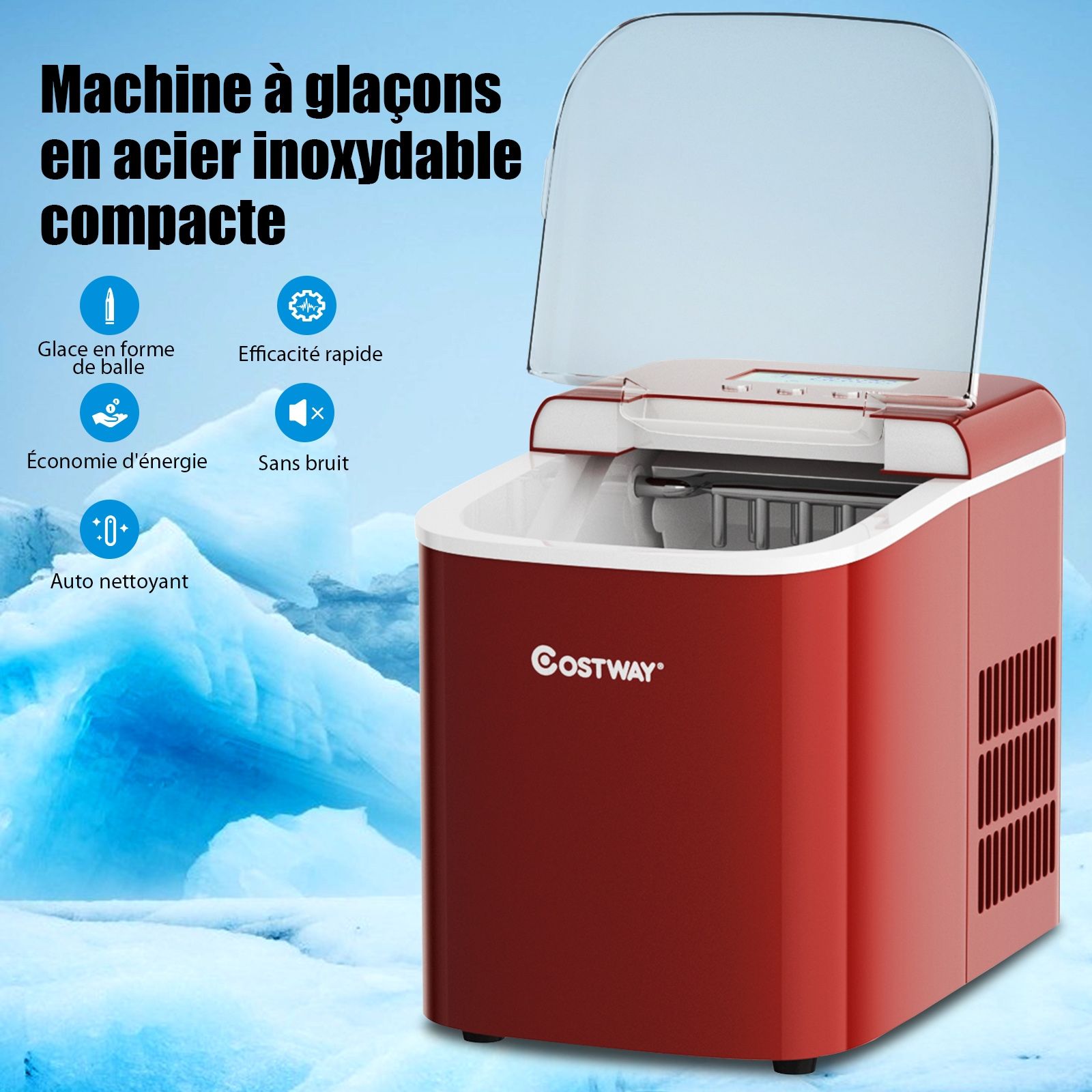 Ice Cube Machine 12KG/24H 2 Ice Cube Sizes 2.1L Tank 9pcs in 7 Minutes Shovel Removable Basket Countertop Home Red -