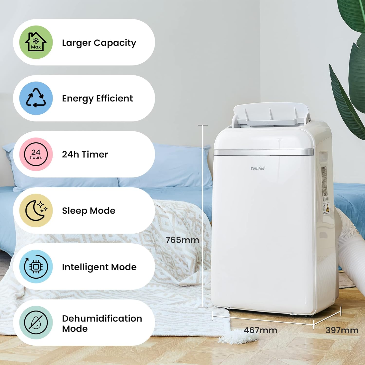 COMFEE' Mobile Air Conditioner 12000 BTU/H 3.5 kW, 3 Modes, Follow Me Function, Remote Control, for large rooms of 43㎡/117m³, Evacuation kit included, Natural refrigerant, PAC 12000