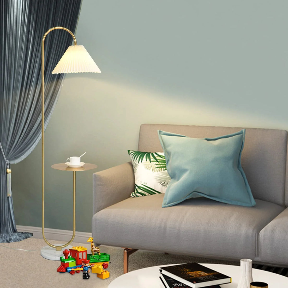 Modern Elegant with Tray Floor Lamp for Office Cafe Den Living Room Bedroom, Foot Switch and Brass/Gold Finish, Light Yellow Pleated Cloth Lampshade