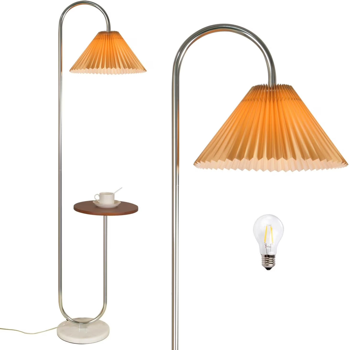 Modern Elegant with Tray Floor Lamp for Office Cafe Den Living Room Bedroom, Foot Switch and Brass/Gold Finish, Light Yellow Pleated Cloth Lampshade