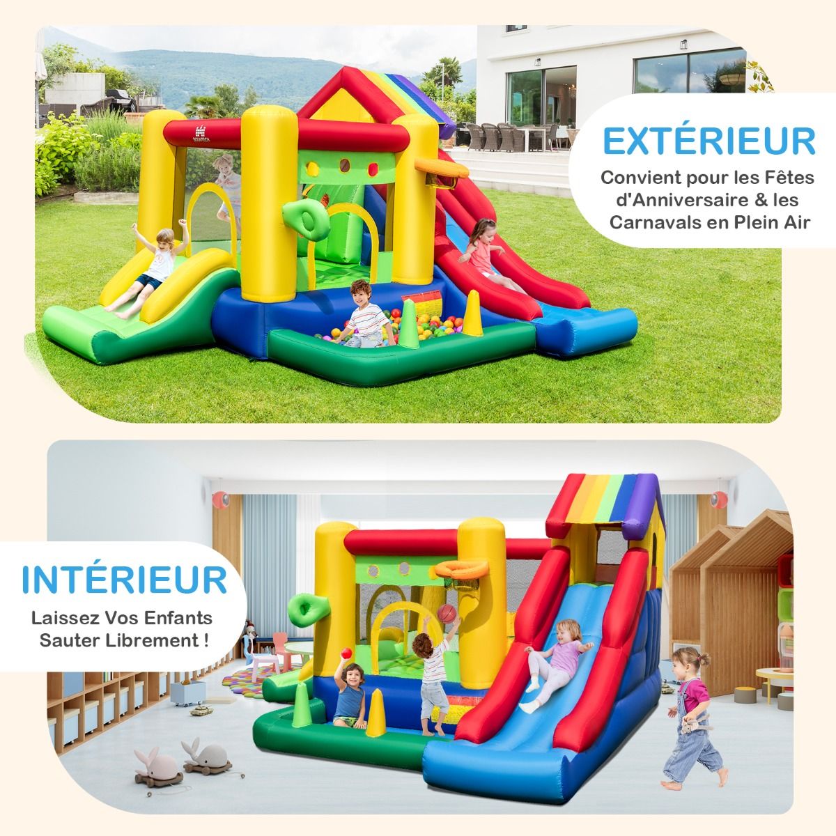 7 in 1 Rainbow Themed Inflatable Castle with Fan Double Slides Ball Pool Basketball Hoop Load 90kg -