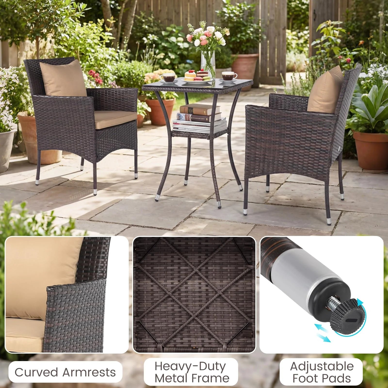 Tangkula 3 Pieces Patio Wicker Bistro Set - 2 Rattan Chairs w/ 2-Tier Tempered Glass Table - Product image 9