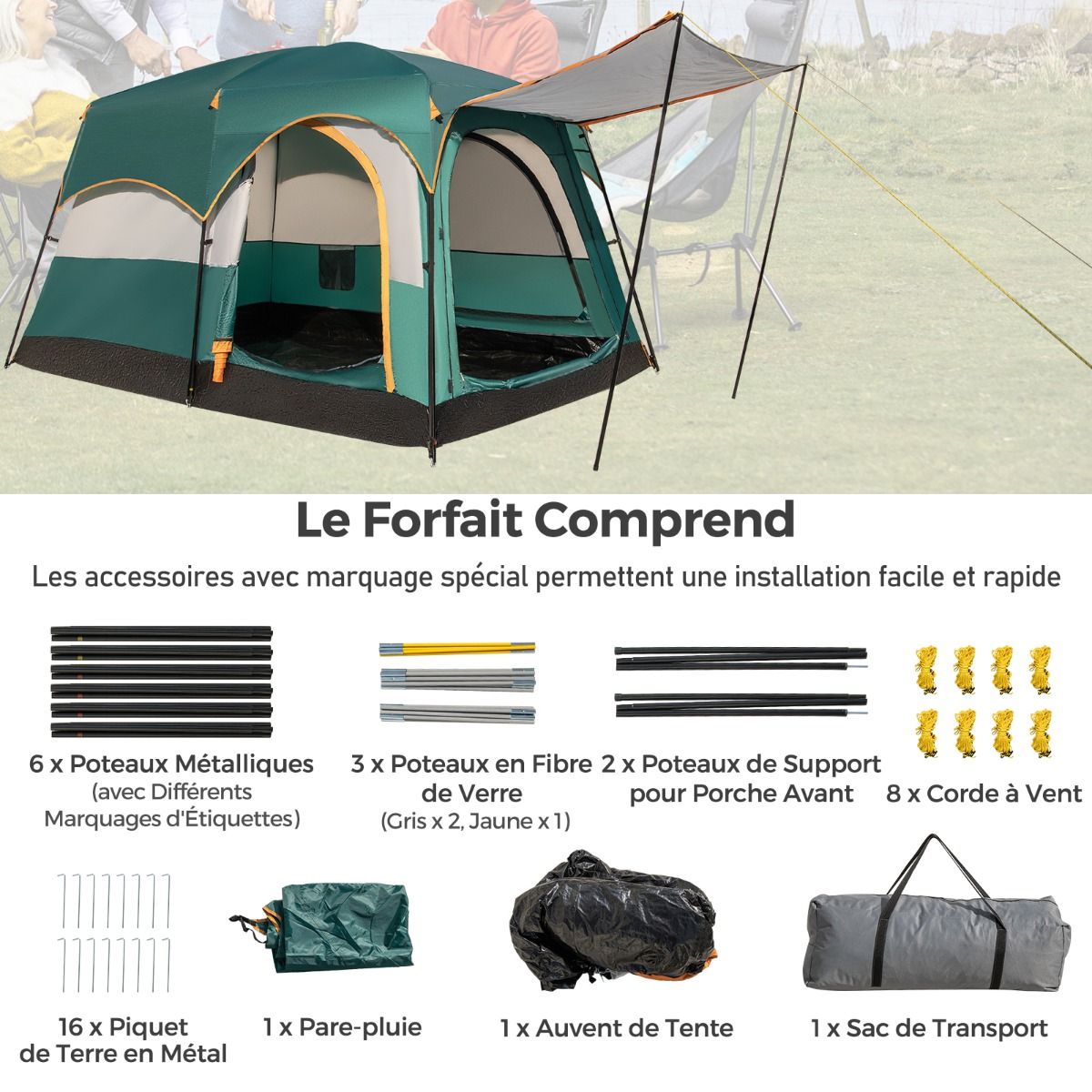 6 Person Camping Tent with 2 Rooms Double Bed Tent Double Roof PE Tarpaulin Waterproof Mesh Windows with Carry Bag Green -