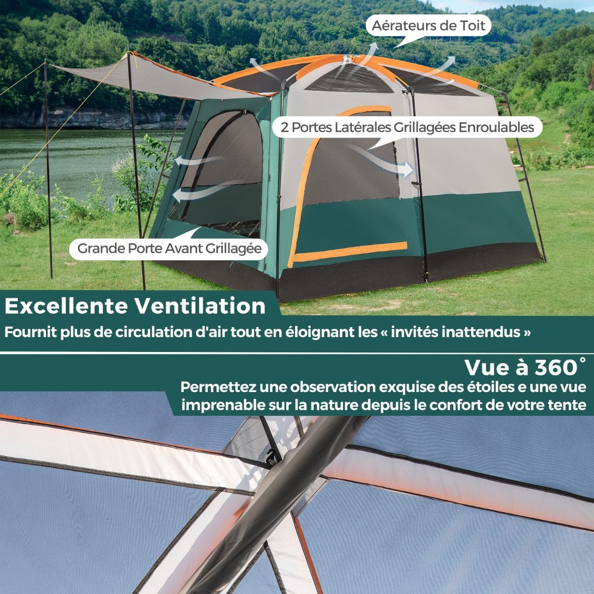 6 Person Camping Tent with 2 Rooms Double Bed Tent Double Roof PE Tarpaulin Waterproof Mesh Windows with Carry Bag Green -