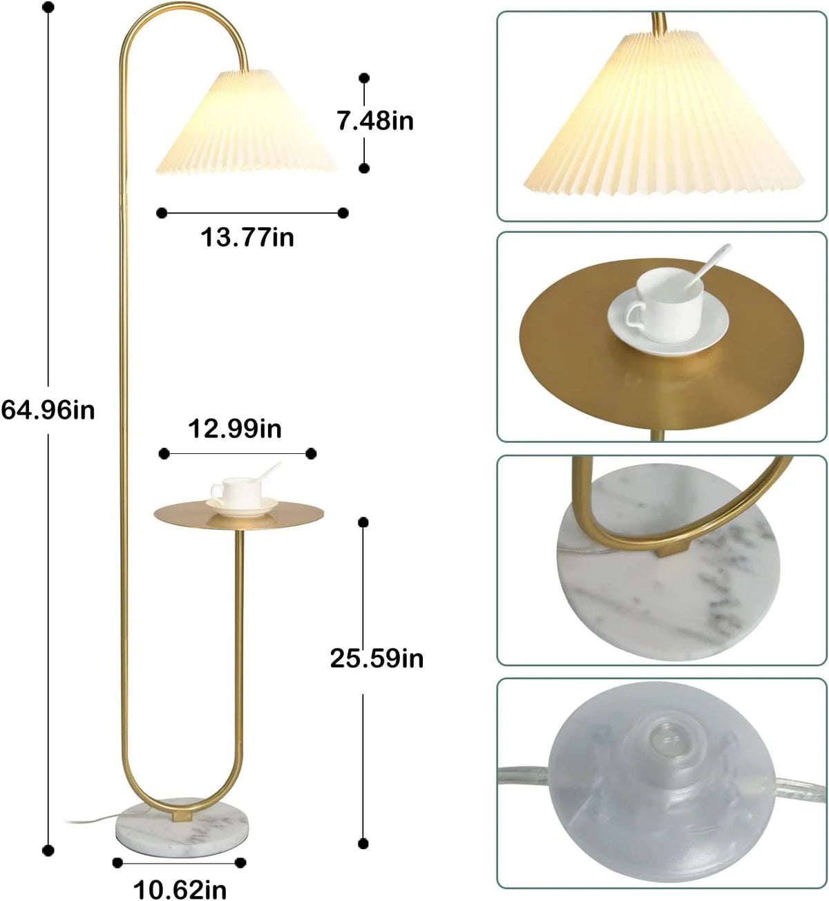 Modern Elegant with Tray Floor Lamp for Office Cafe Den Living Room Bedroom, Foot Switch and Brass/Gold Finish, Light Yellow Pleated Cloth Lampshade