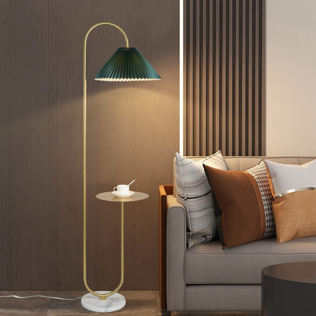 Modern Elegant with Tray Floor Lamp for Office Cafe Den Living Room Bedroom, Foot Switch and Brass/Gold Finish, Light Yellow Pleated Cloth Lampshade