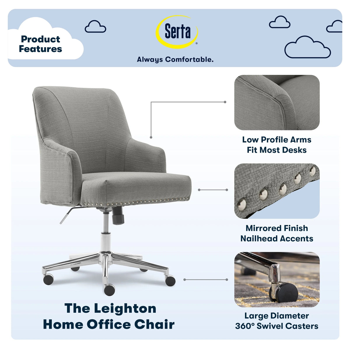 Serta Leighton Home Office Desk Chair Chrome Nailheads Twill Fabric Lilac Purple - Product image 21