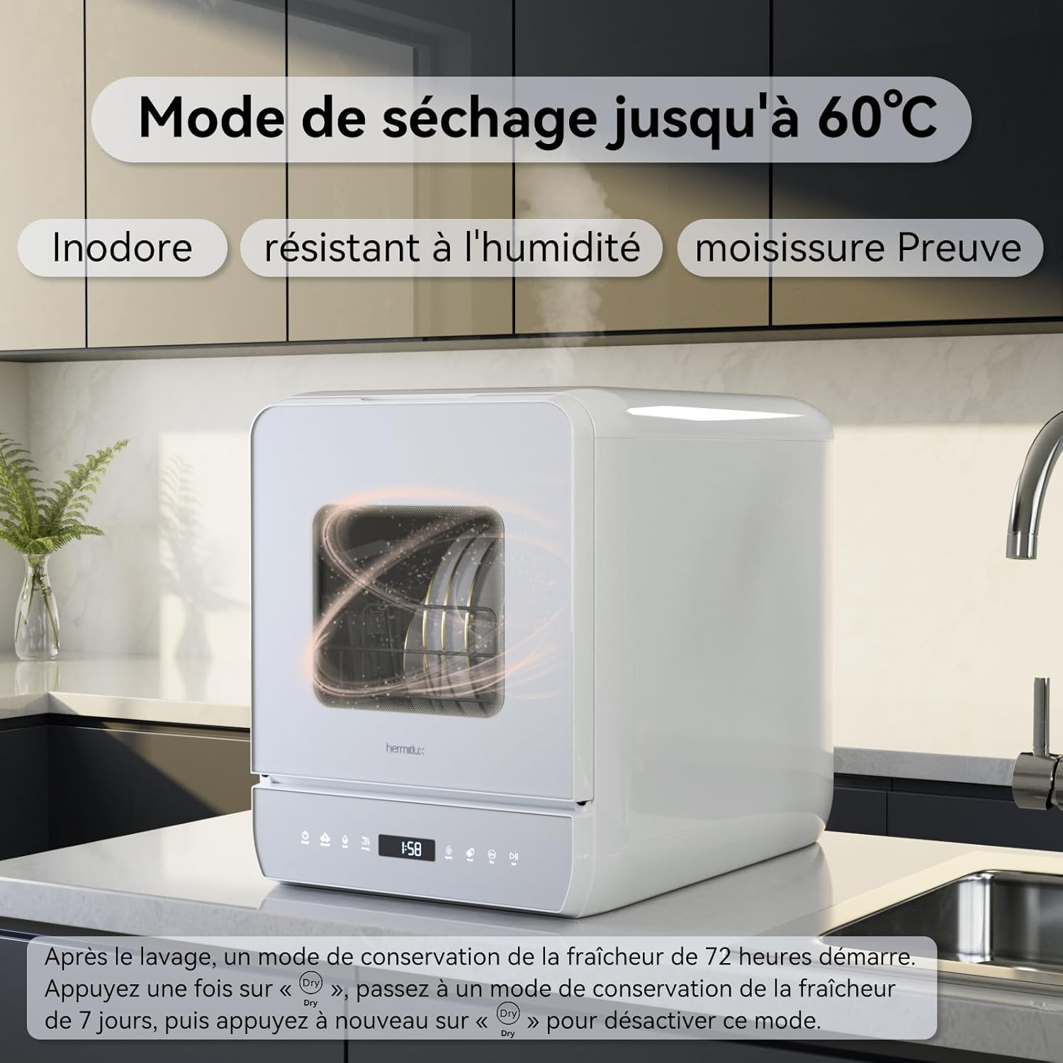 Hermitlux Mini Tabletop Dishwasher, 6+1 Washing Programs, 5 Place Settings and 5L Water Tank