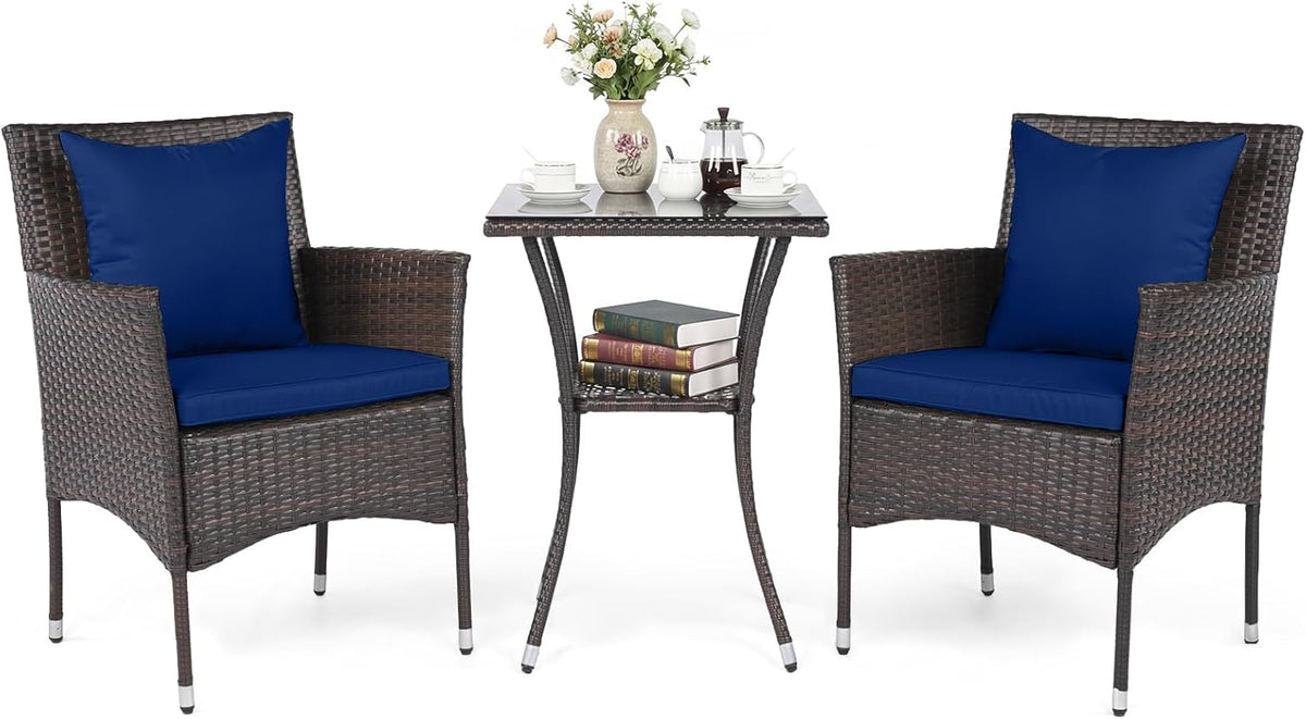 Tangkula 3 Pieces Patio Wicker Bistro Set - 2 Rattan Chairs w/ 2-Tier Tempered Glass Table - Product image 10