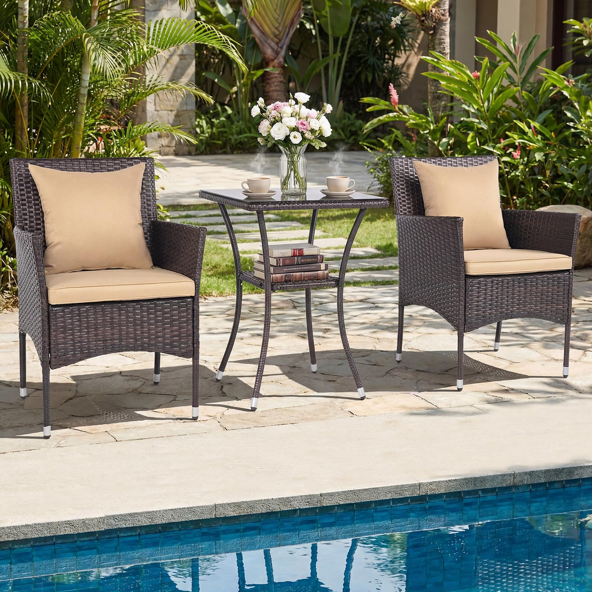 Tangkula 3 Pieces Patio Wicker Bistro Set - 2 Rattan Chairs w/ 2-Tier Tempered Glass Table - Product image 4