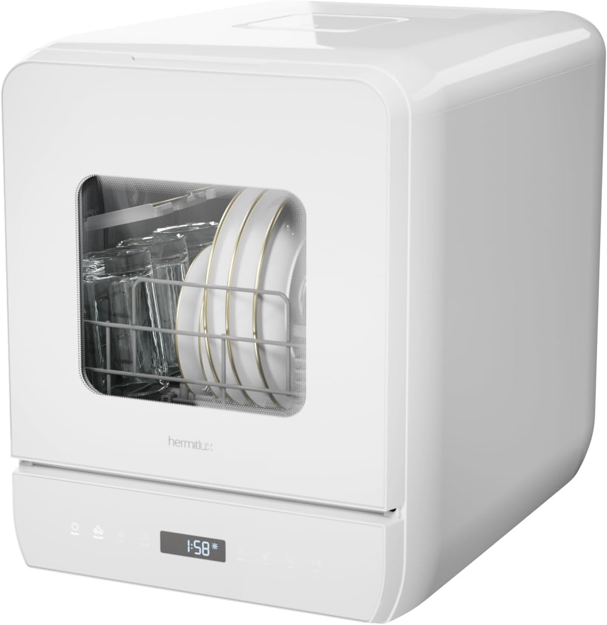 Hermitlux Mini Tabletop Dishwasher, 6+1 Washing Programs, 5 Place Settings and 5L Water Tank