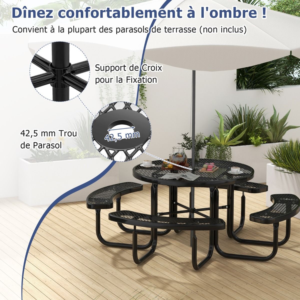 Round Picnic Table with 4 Integrated Benches for 8 People Metal Camping Table with Seats and Umbrella Hole 202x75cm Black -