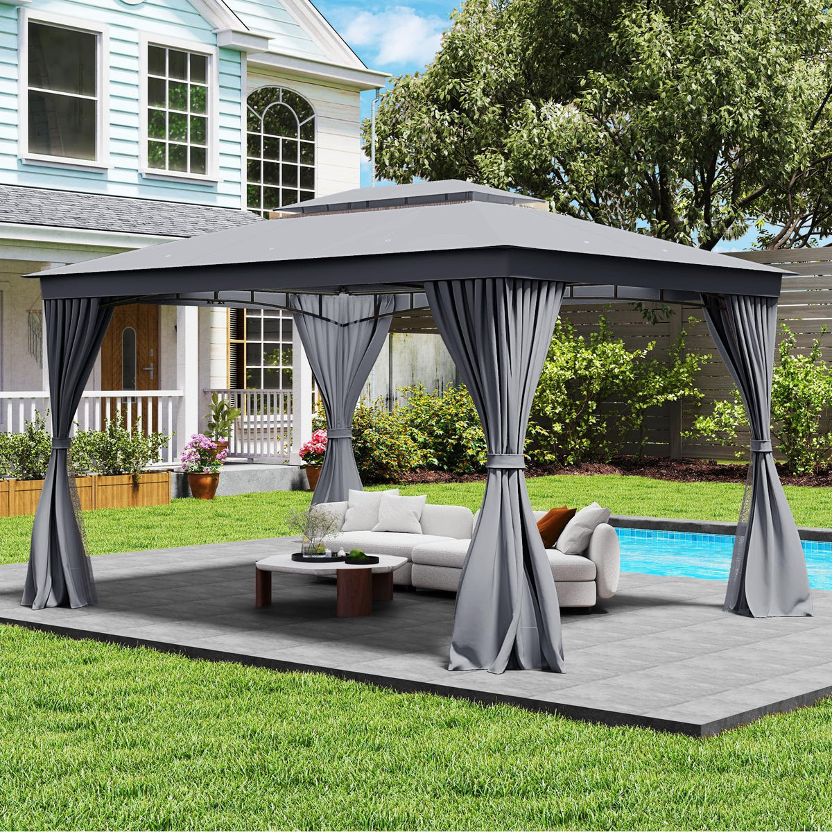 Tangkula 10x13 FT Metal Patio Gazebo with Mesh Netting & Privacy Curtains - Product image 10