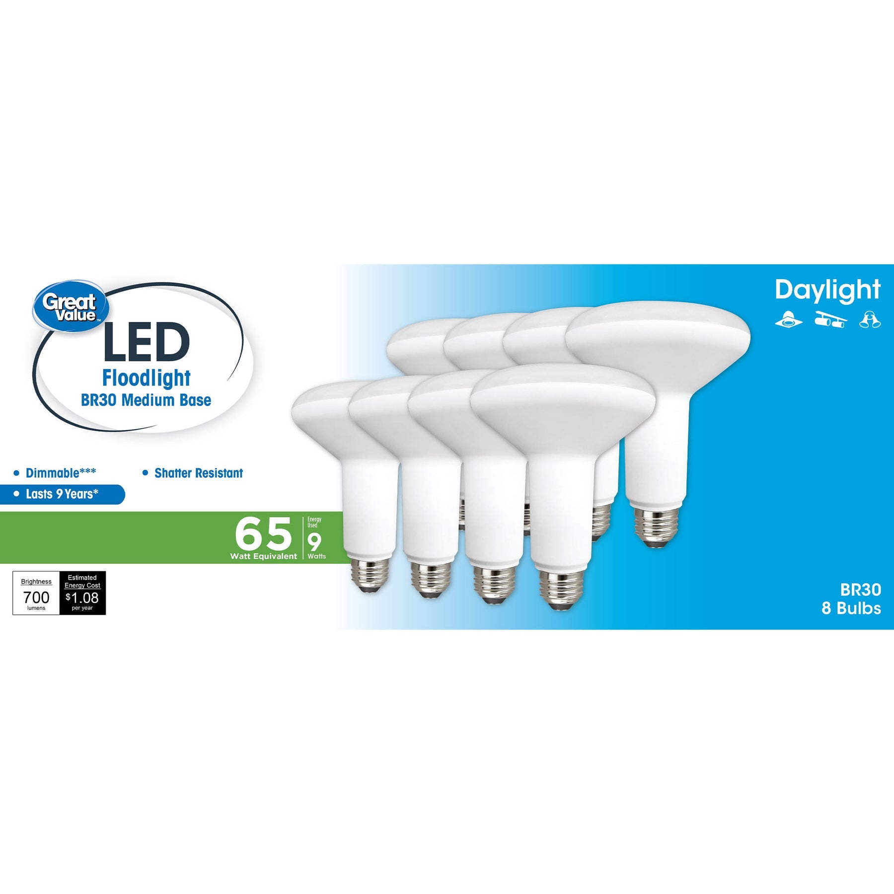 Great Value LED Light Bulb, 9 Watts (65w Eqv.) BR30 Floodlight Lamp E26 Base, Dimmable, Daylight, 8-Pack - Product image 1