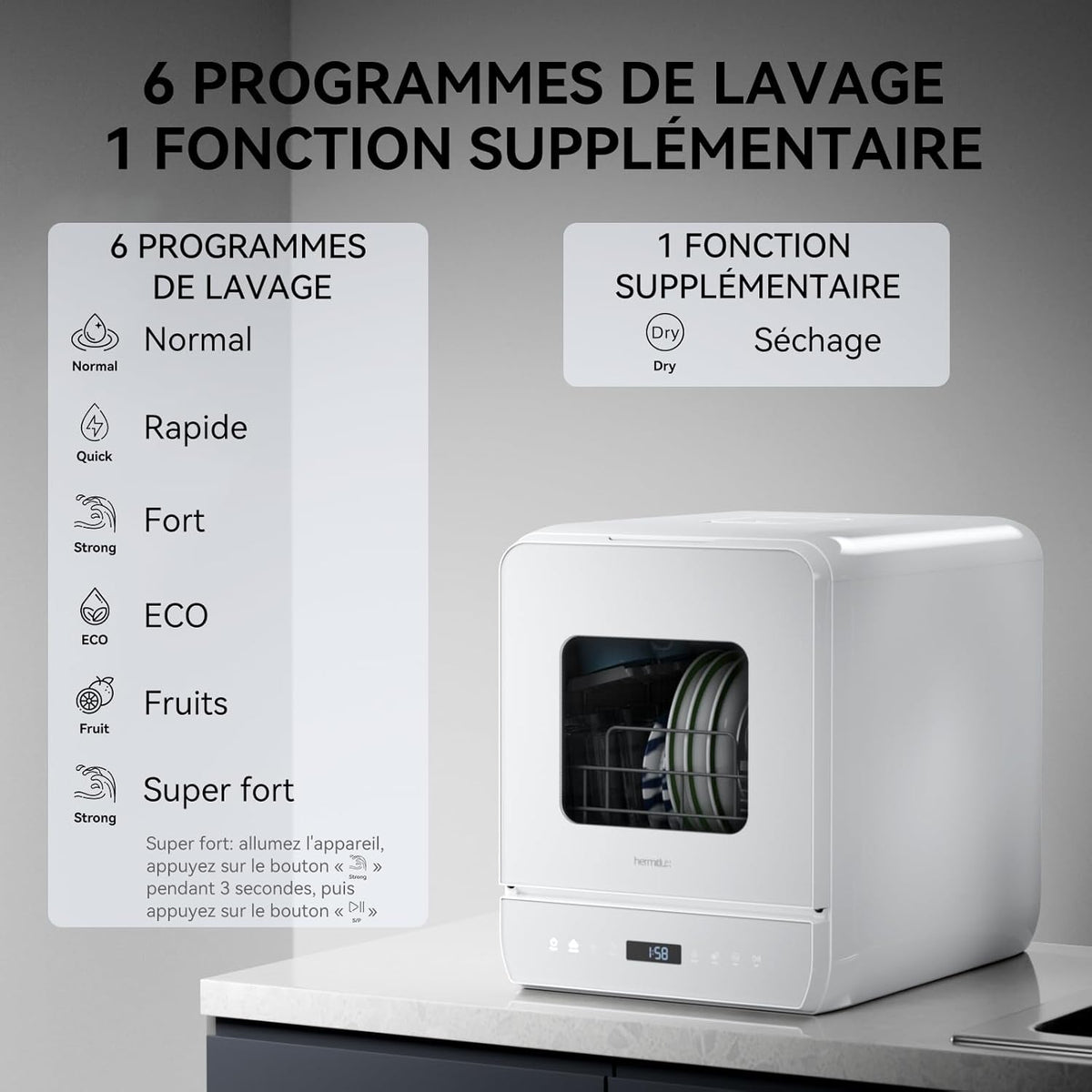 Hermitlux Mini Tabletop Dishwasher, 6+1 Washing Programs, 5 Place Settings and 5L Water Tank