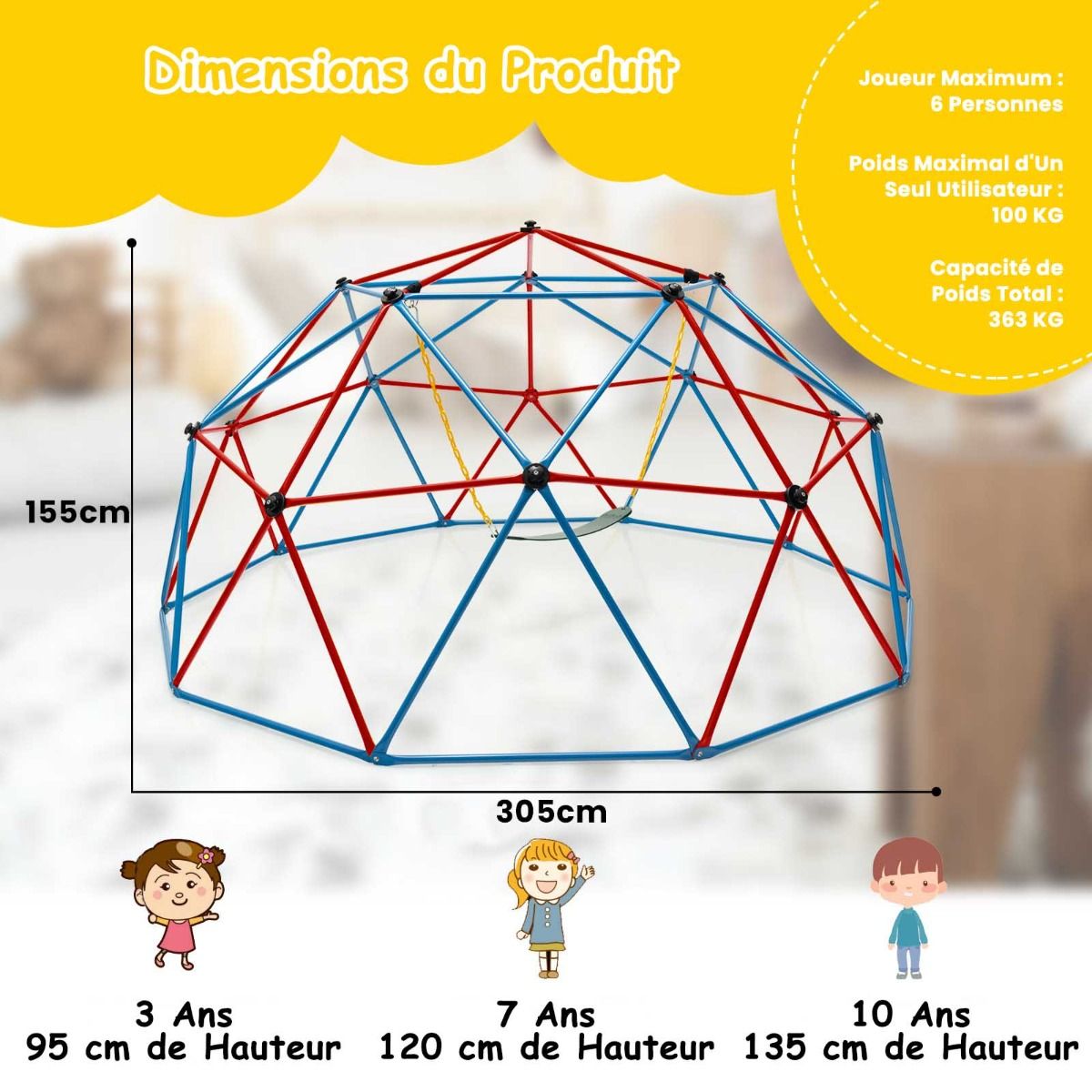 305cm Climbing Dome with Swing Metal Climbing Cage Max Load 363kg Indoor Outdoor for Children 3-10 Years Old Yellow/Red -