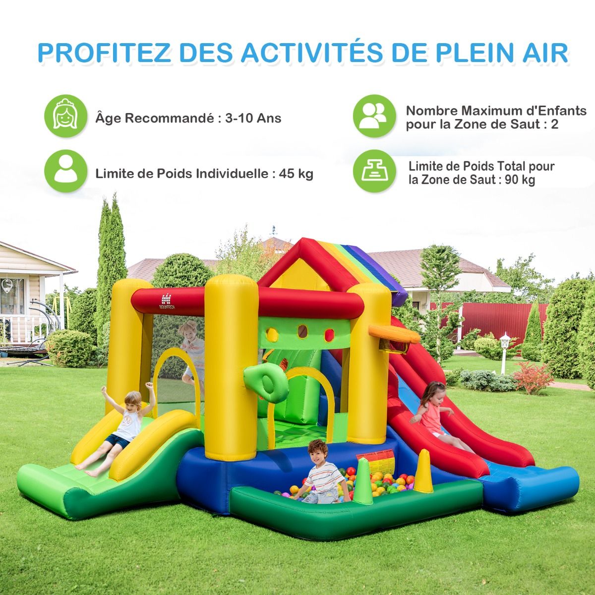 7 in 1 Rainbow Themed Inflatable Castle with Fan Double Slides Ball Pool Basketball Hoop Load 90kg -
