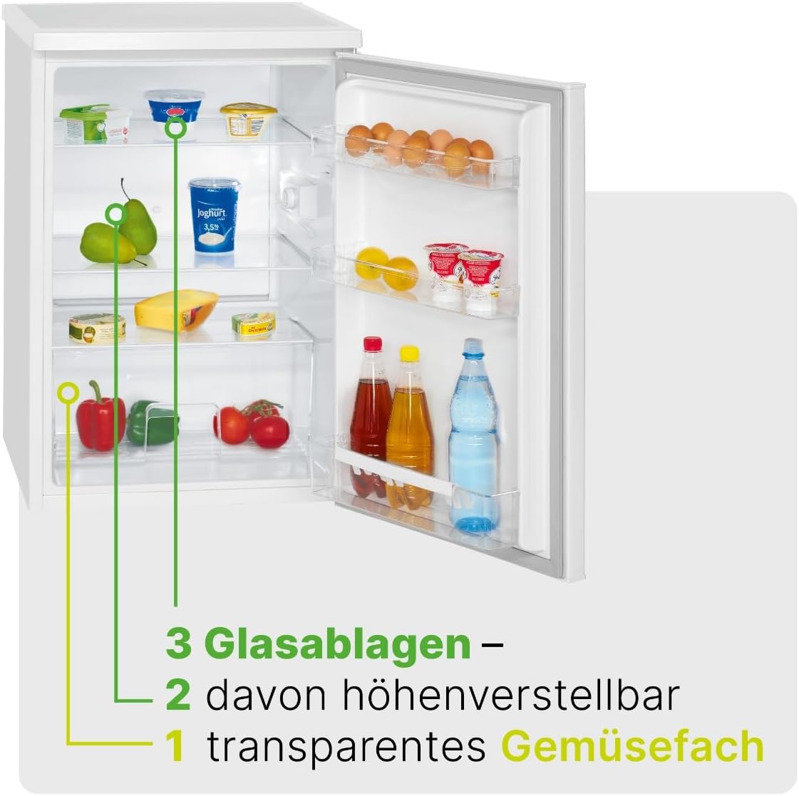 Bomann 133L white refrigerator VS2185-1-white, Net capacity: 133 liters, LED interior lighting, Continuous temperature control, 3 glass shelves