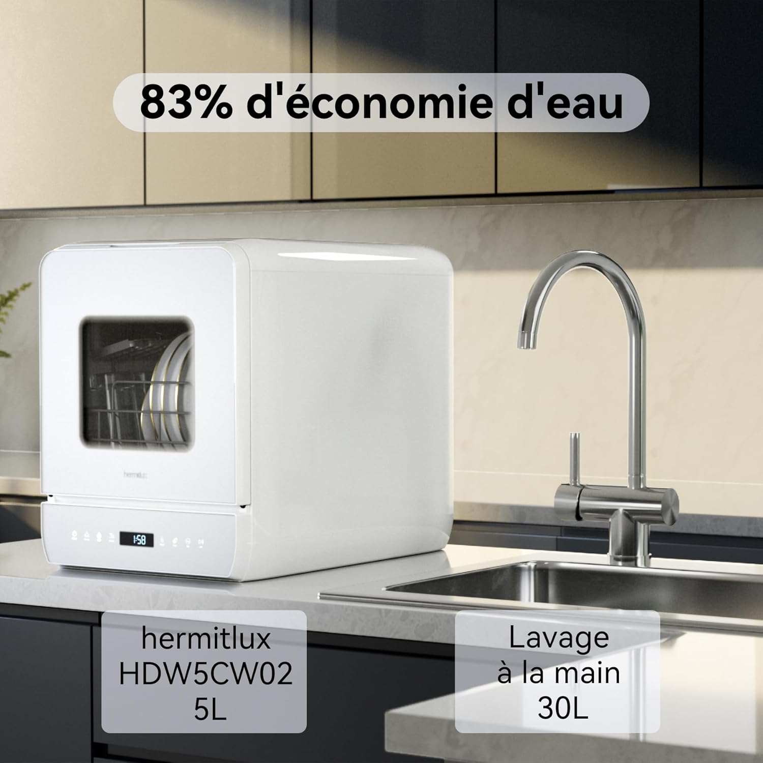 Hermitlux Mini Tabletop Dishwasher, 6+1 Washing Programs, 5 Place Settings and 5L Water Tank