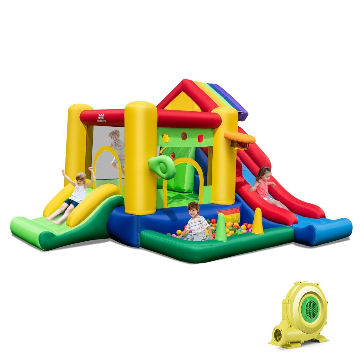 7 in 1 Rainbow Themed Inflatable Castle with Fan Double Slides Ball Pool Basketball Hoop Load 90kg -