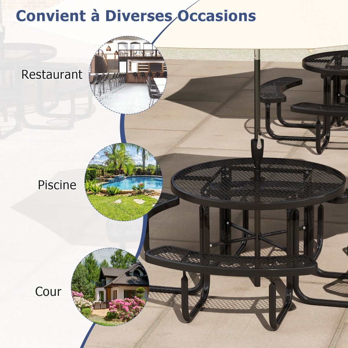 Round Picnic Table with 4 Integrated Benches for 8 People Metal Camping Table with Seats and Umbrella Hole 202x75cm Black -