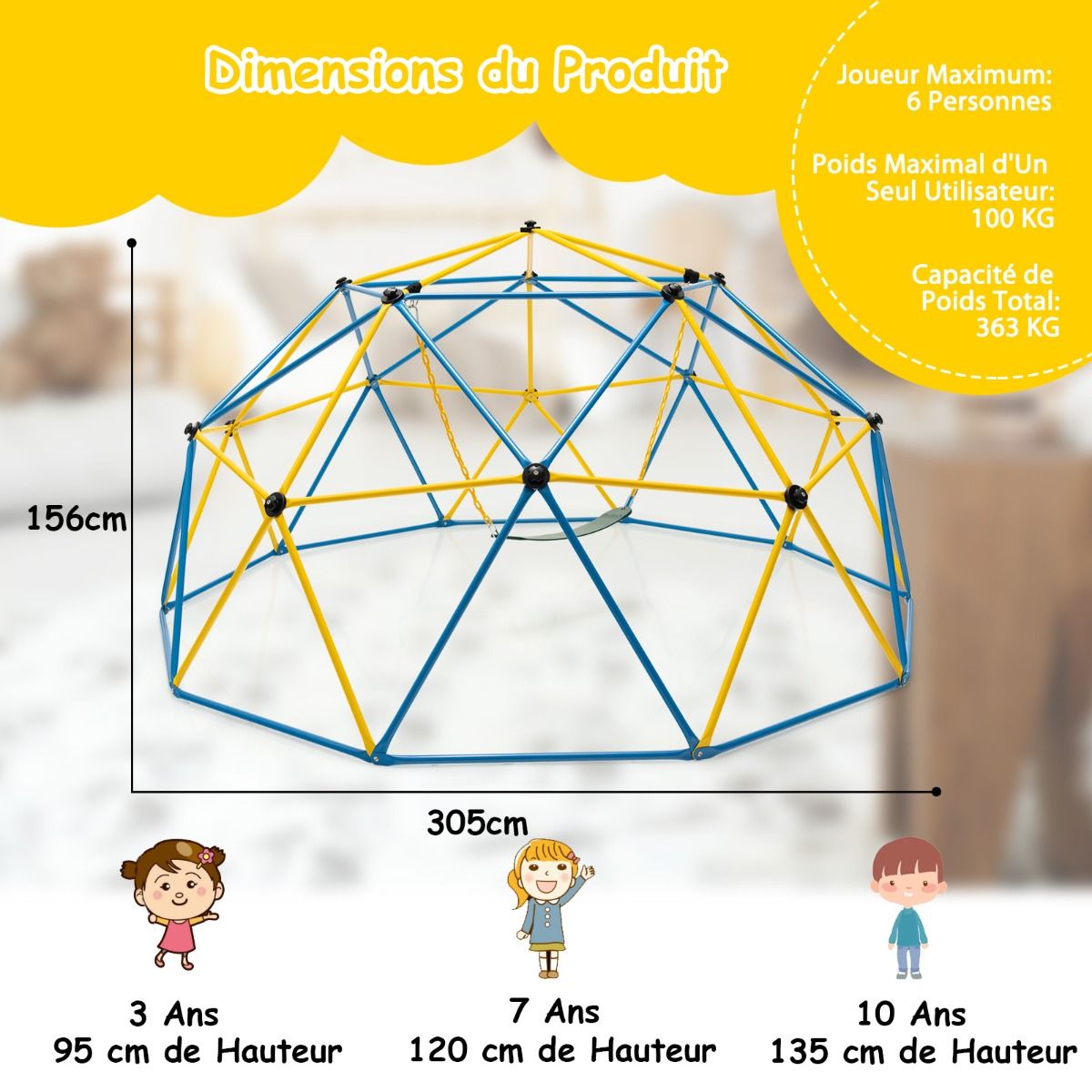 305cm Climbing Dome with Swing Metal Climbing Cage Max Load 363kg Indoor Outdoor for Children 3-10 Years Old Yellow/Red -