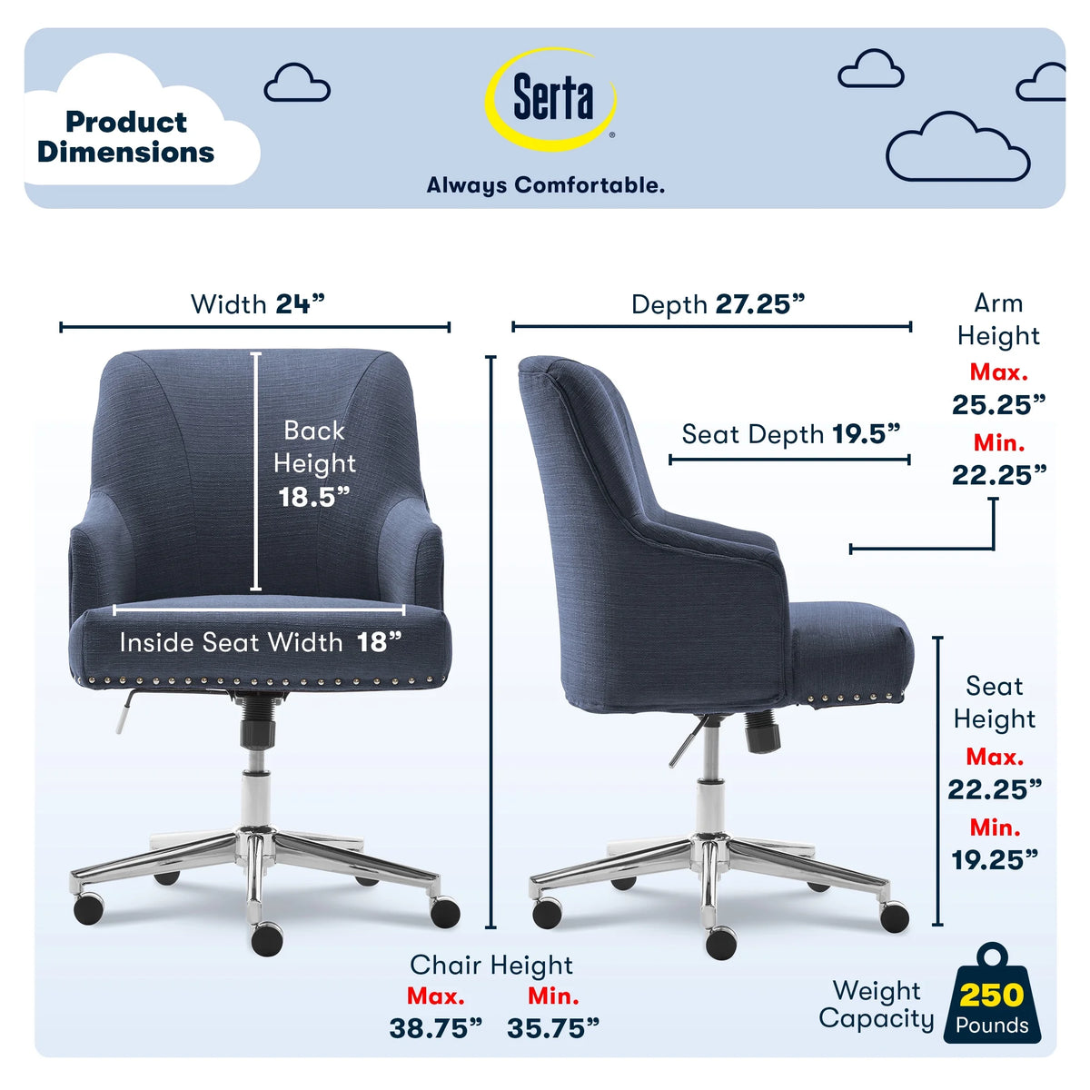 Serta Leighton Home Office Desk Chair Chrome Nailheads Twill Fabric Lilac Purple - Product image 31