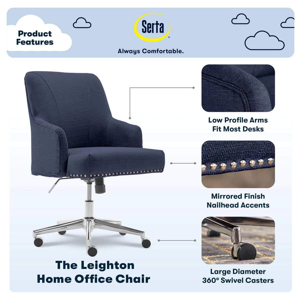 Serta Leighton Home Office Desk Chair Chrome Nailheads Twill Fabric Lilac Purple - Product image 30
