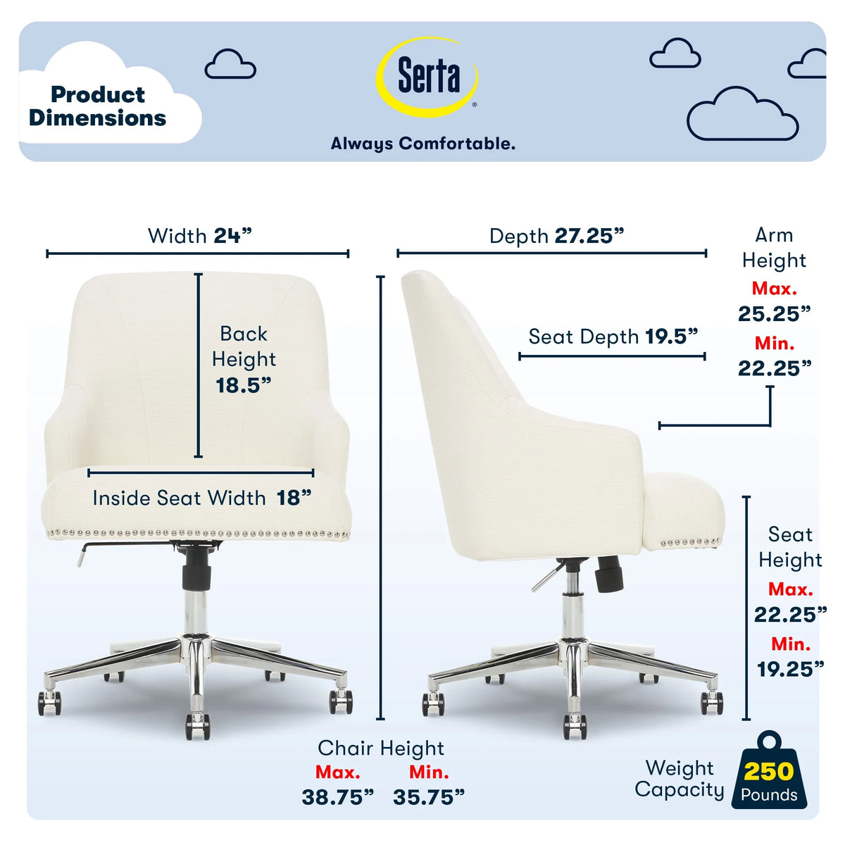 Serta Leighton Home Office Desk Chair Chrome Nailheads Twill Fabric Lilac Purple - Product image 55