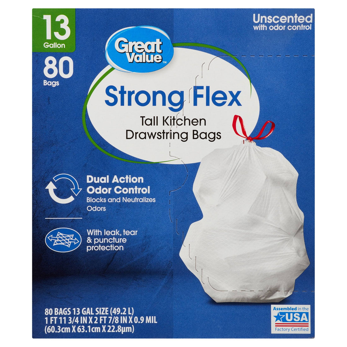 Great Value Strong Flex Tall Kitchen Drawstring Bags, Unscented, 13 Gallon, 80 Count - Product image 1