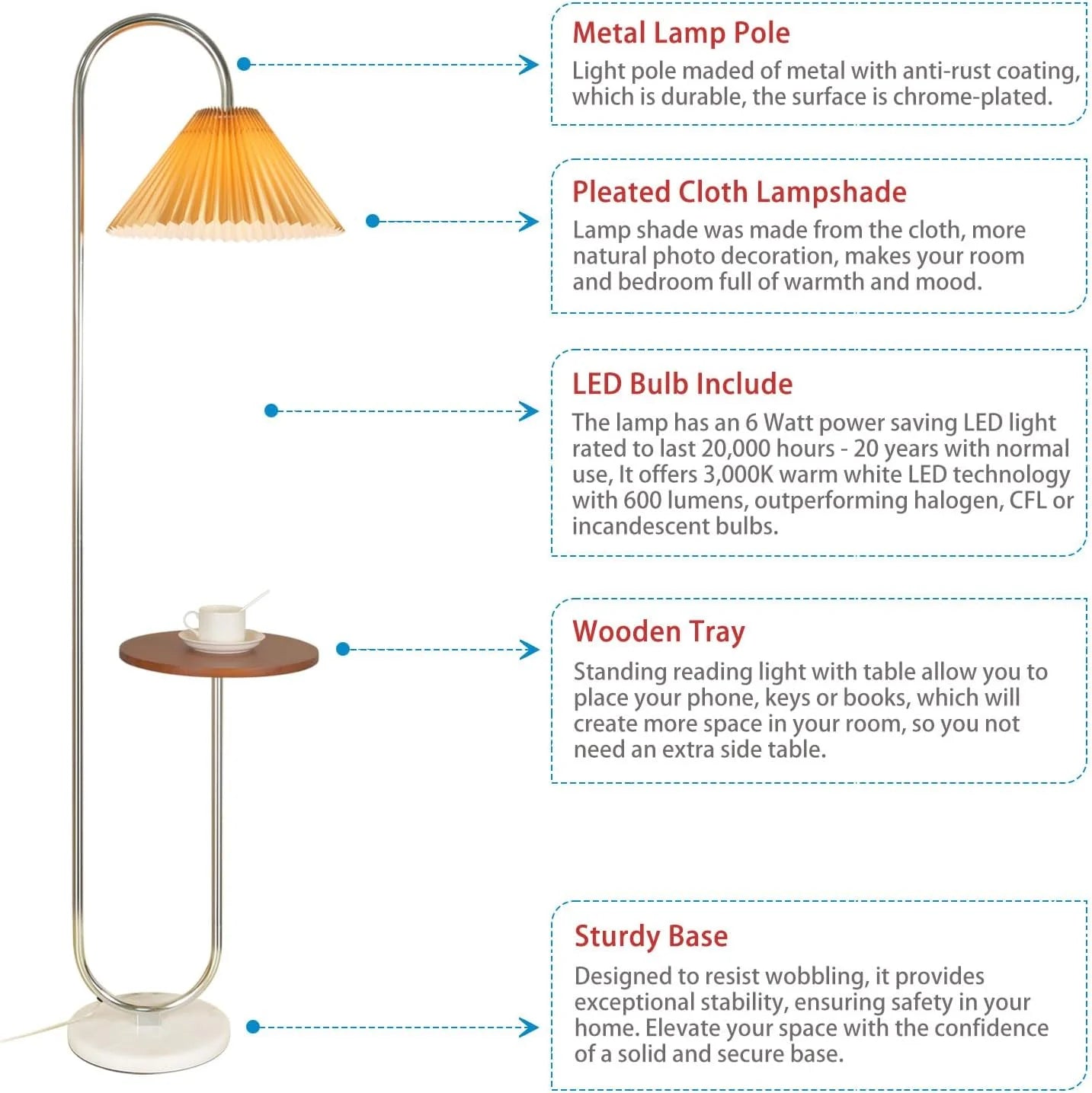 Modern Elegant with Tray Floor Lamp for Office Cafe Den Living Room Bedroom, Foot Switch and Brass/Gold Finish, Light Yellow Pleated Cloth Lampshade