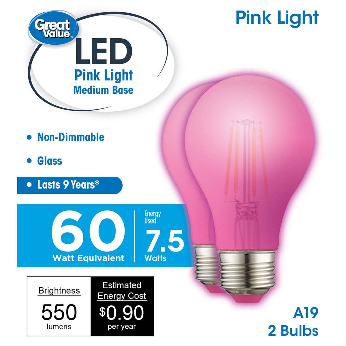 Great Value LED Light Bulb, 7.5 Watts (60W Equivalent) A19 Lamp E26 Medium Base, Non-Dimmable, 2-Pack, Pink - Product image 1