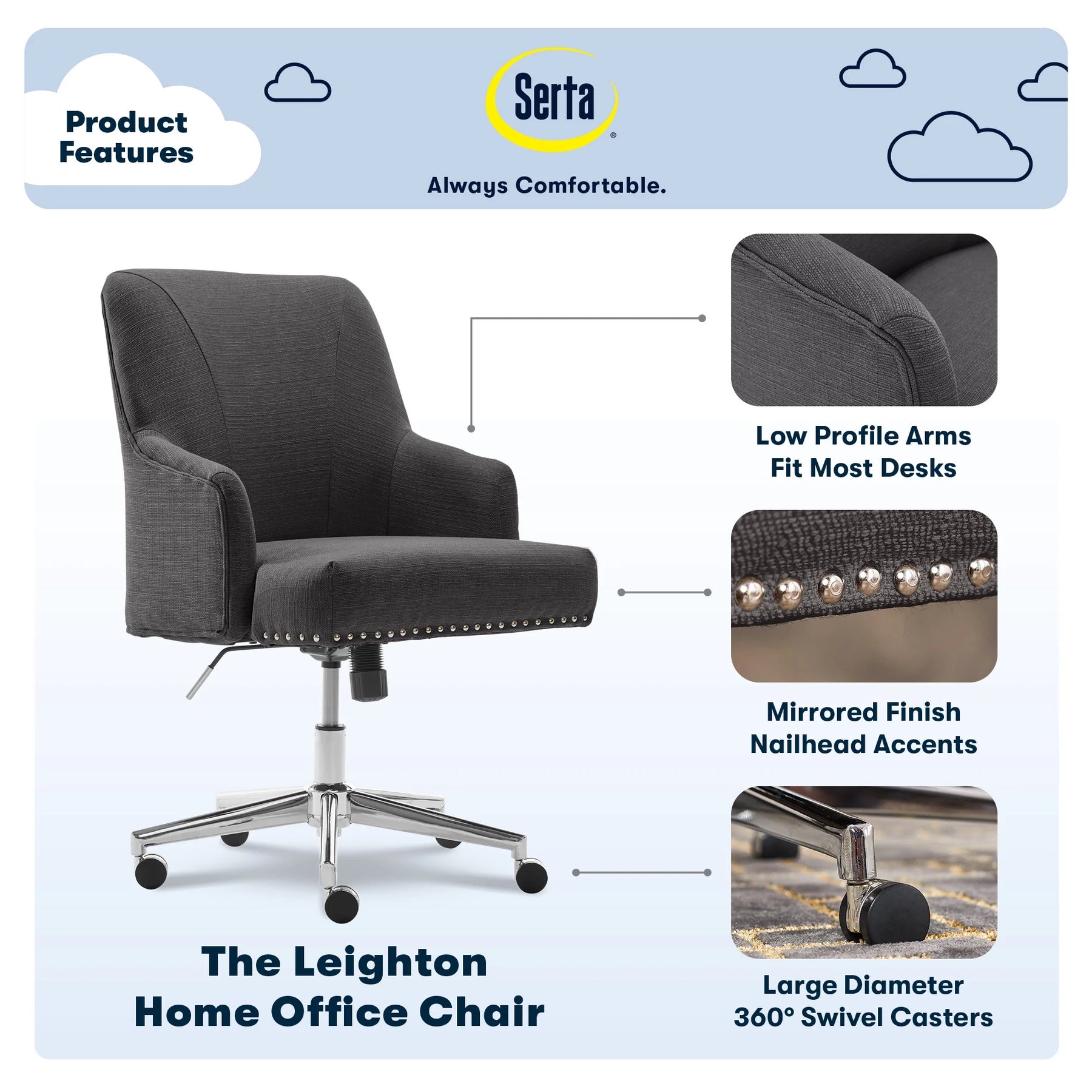 Serta Leighton Home Office Desk Chair Chrome Nailheads Twill Fabric Lilac Purple - Product image 62