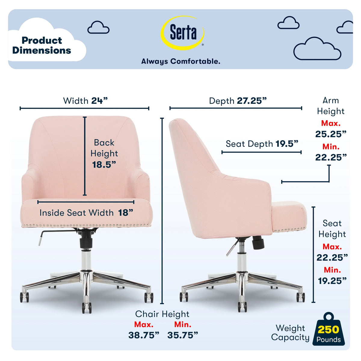 Serta Leighton Home Office Desk Chair Chrome Nailheads Twill Fabric Lilac Purple - Product image 47