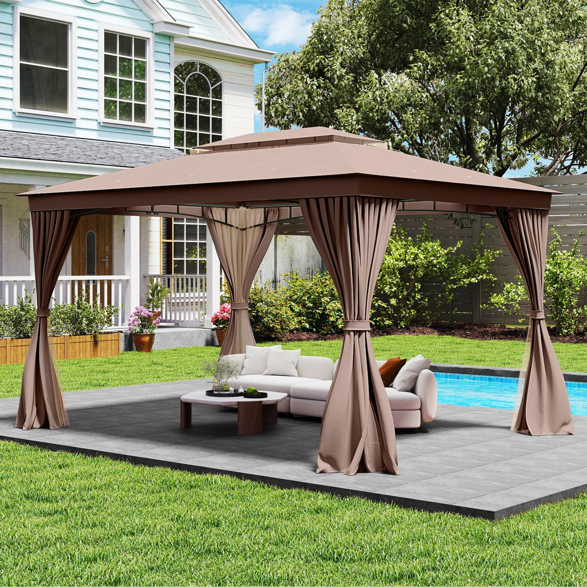 Tangkula 10x13 FT Metal Patio Gazebo with Mesh Netting & Privacy Curtains - Product image 1