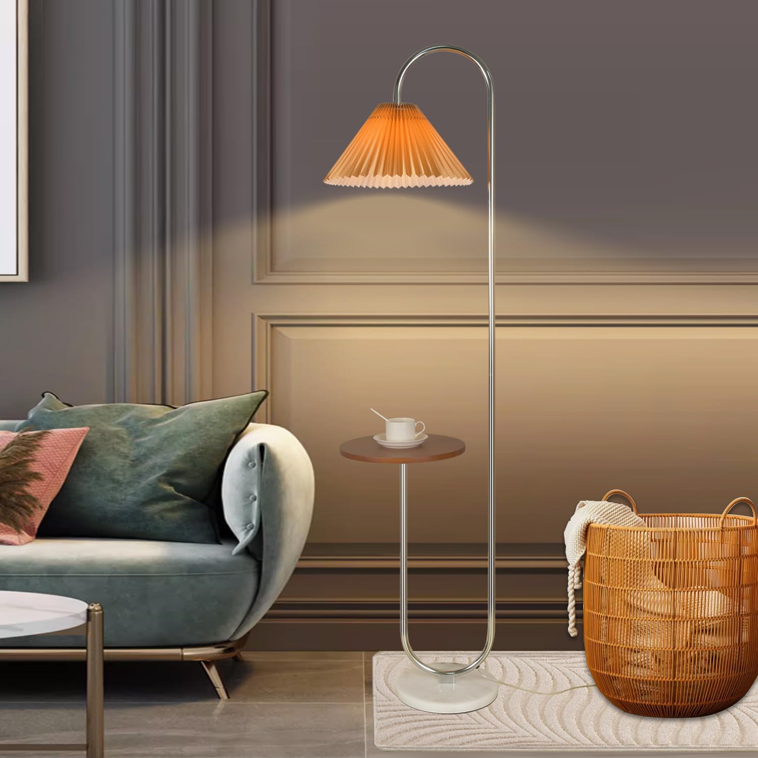 Modern Elegant with Tray Floor Lamp for Office Cafe Den Living Room Bedroom, Foot Switch and Brass/Gold Finish, Light Yellow Pleated Cloth Lampshade