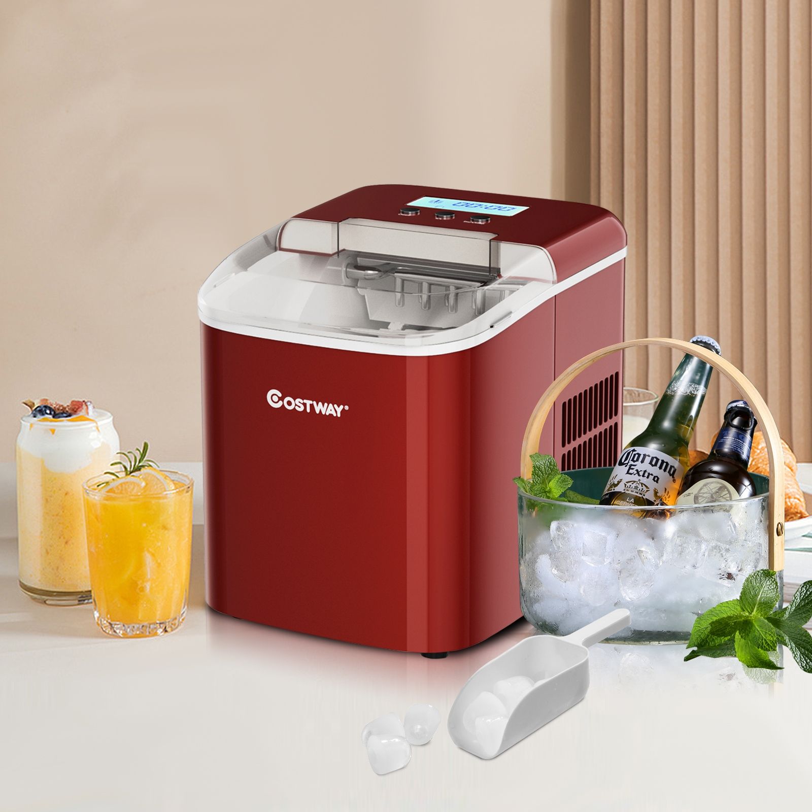 Ice Cube Machine 12KG/24H 2 Ice Cube Sizes 2.1L Tank 9pcs in 7 Minutes Shovel Removable Basket Countertop Home Red -