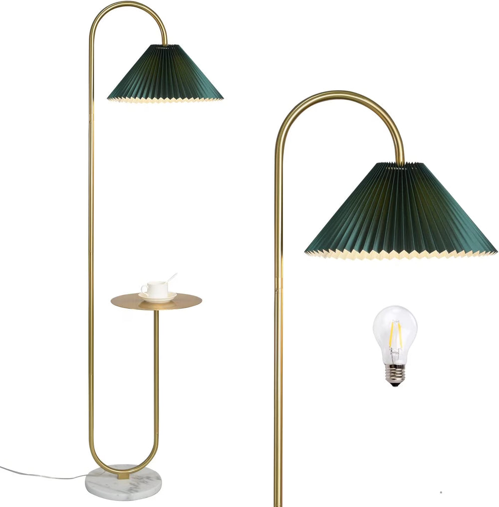 Modern Elegant with Tray Floor Lamp for Office Cafe Den Living Room Bedroom, Foot Switch and Brass/Gold Finish, Light Yellow Pleated Cloth Lampshade