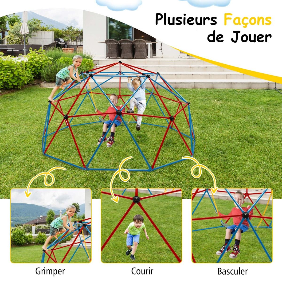 305cm Climbing Dome with Swing Metal Climbing Cage Max Load 363kg Indoor Outdoor for Children 3-10 Years Old Yellow/Red -